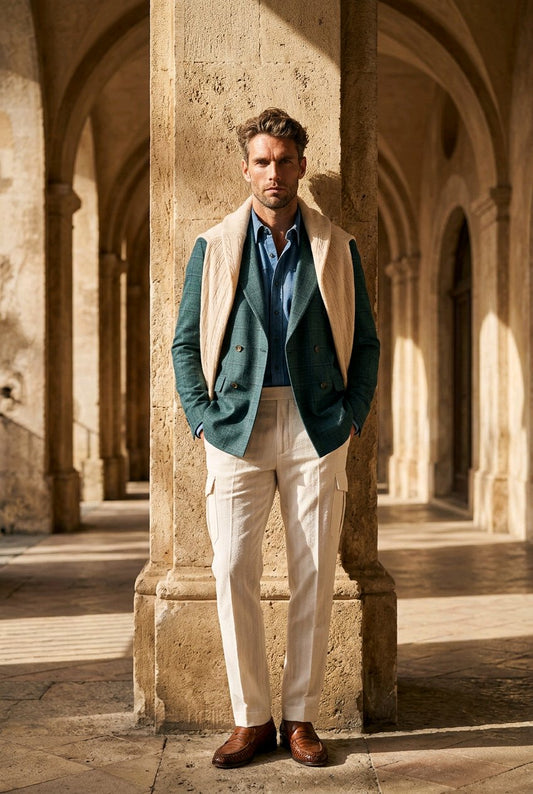 A man stands in a sunlit stone arcade wearing a teal blazer over a blue shirt, cream vest, cream trousers, and brown shoes.