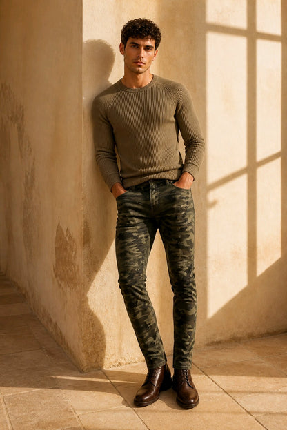 A man stands in a sunlit stone corner wearing a ribbed olive green long-sleeve sweater, camouflage-patterned slim-fit jeans, and dark brown leather shoes.
