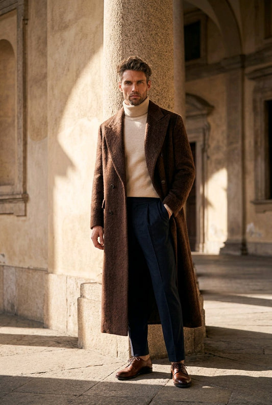 A man stands in a sunlit stone corridor wearing a long brown overcoat over a cream turtleneck sweater, navy trousers, and brown leather dress shoes.