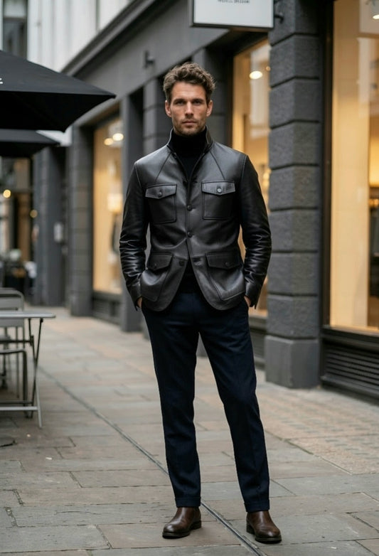 A man stands on a city sidewalk wearing a black leather jacket over a black turtleneck, dark navy trousers, and brown leather shoes. The background shows a blurred urban street scene with storefront windows and stone building details.