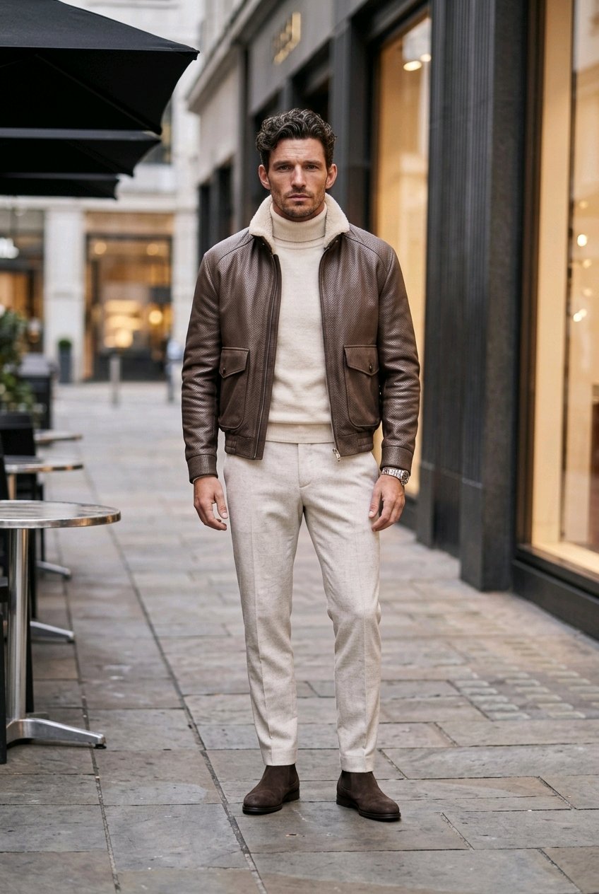 A man stands on a city sidewalk wearing a brown leather jacket over a cream turtleneck sweater, cream trousers, and brown shoes. Storefronts and outdoor seating are visible in the blurred background.
