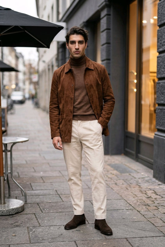 A man stands on a city sidewalk wearing a brown suede jacket over a brown turtleneck, cream trousers, and dark brown boots. The background shows a blurred street scene with buildings, storefront windows, and outdoor seating.