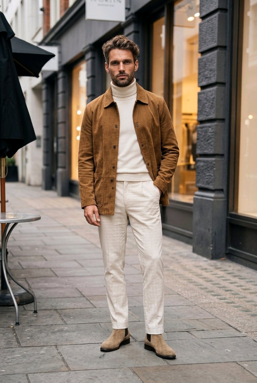 A man stands on a city sidewalk wearing a brown suede jacket over a cream turtleneck sweater, cream trousers, and brown suede boots. The background shows a street scene with storefront windows and dark stone building facades.