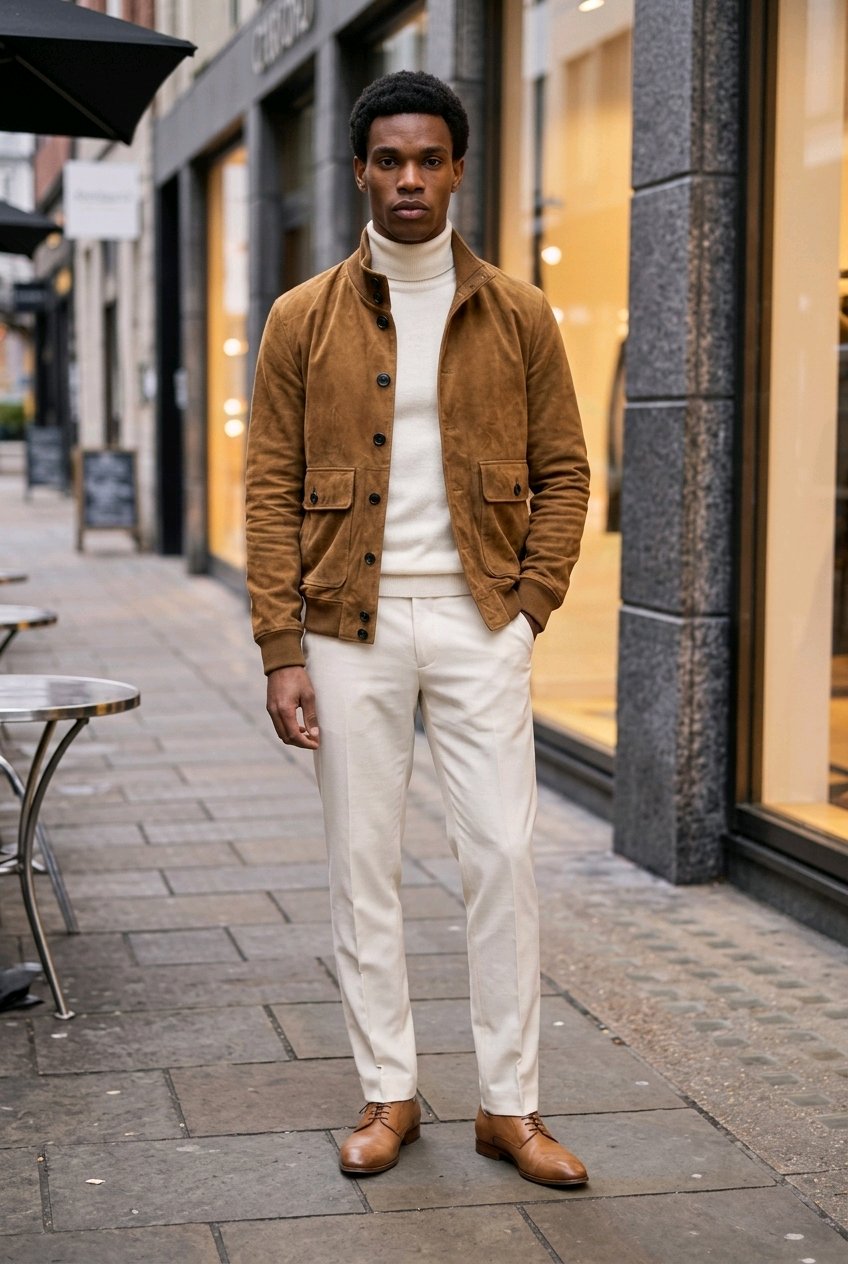 A man stands on a city sidewalk wearing a brown suede jacket over a white turtleneck, white trousers, and brown leather shoes, with storefronts in the background.