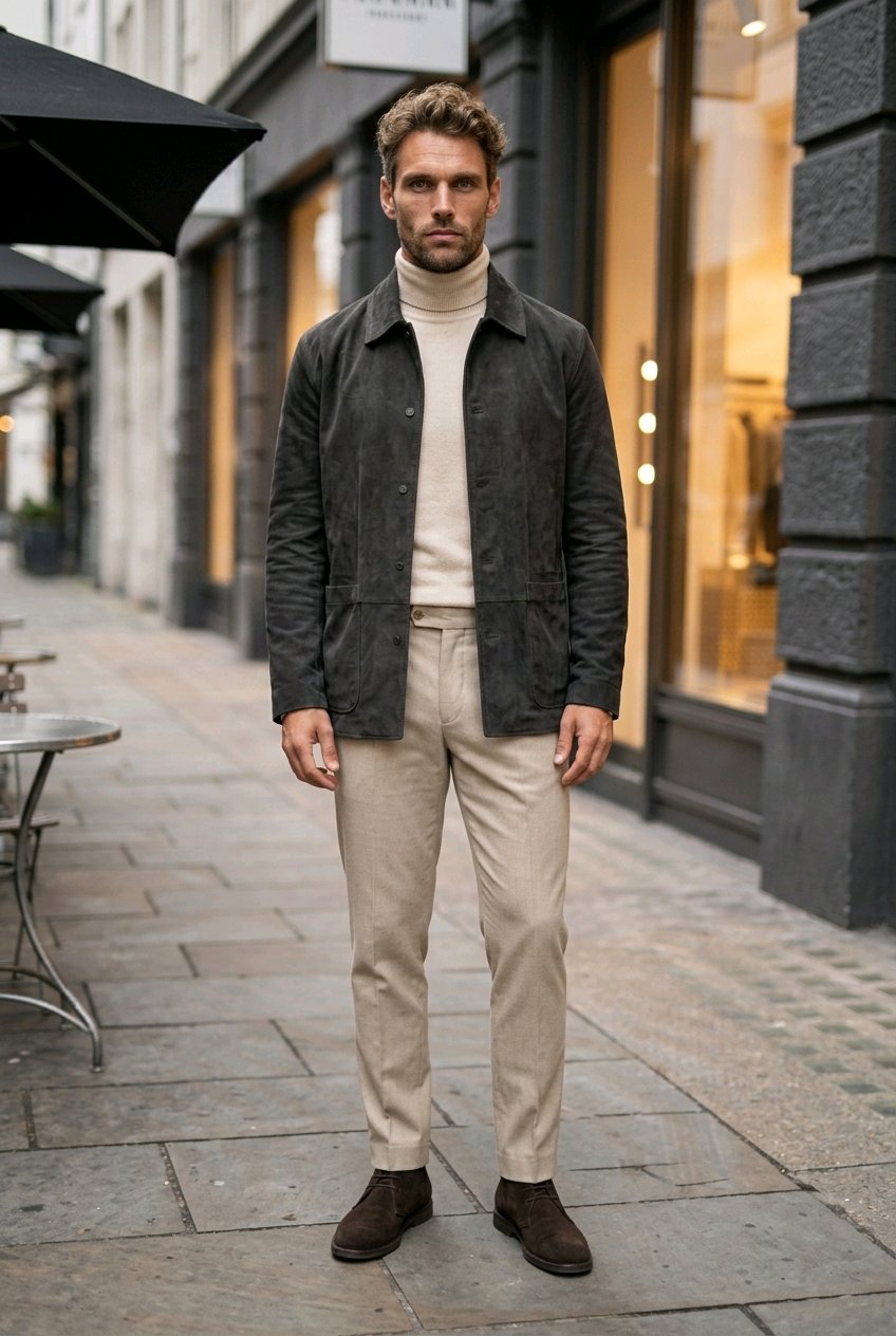 A man stands on a city sidewalk wearing a dark charcoal suede jacket over a cream turtleneck sweater, paired with beige trousers and dark brown suede boots.