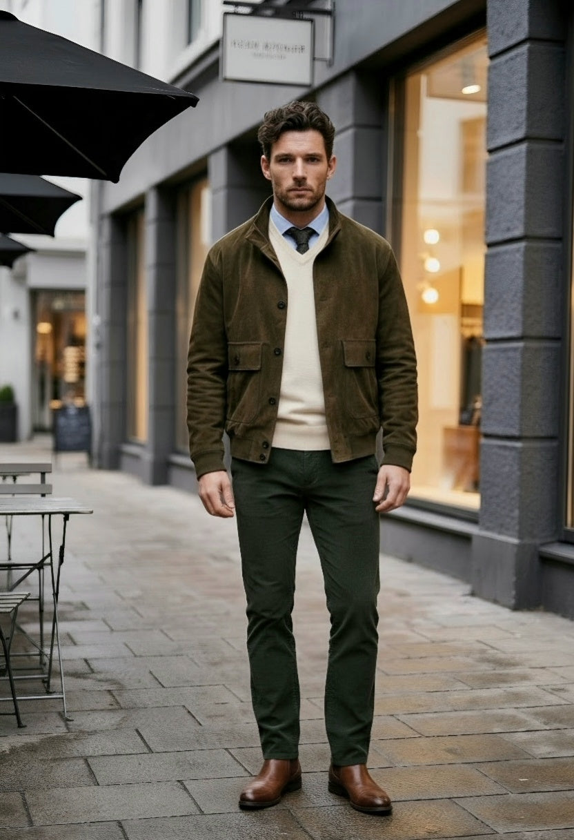 A man stands on a city sidewalk wearing a dark olive green corduroy jacket over a cream sweater and light blue shirt, paired with dark green trousers and brown leather boots. The background shows a gray stone building with storefront windows and outdoor patio umbrellas.
