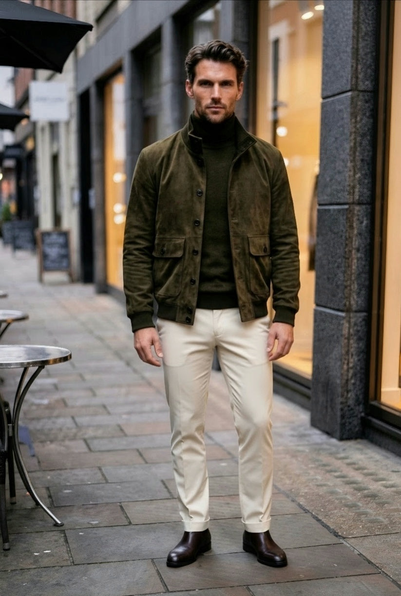 A man stands on a city sidewalk wearing an olive green suede jacket over a dark green turtleneck, cream trousers, and dark brown leather shoes.