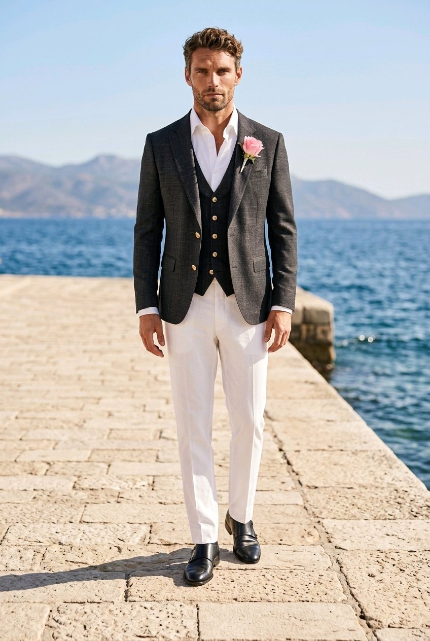 A man stands on a stone pier by the sea wearing a dark gray three-piece suit with gold buttons, white dress pants, a white shirt, and a pink rose boutonniere.