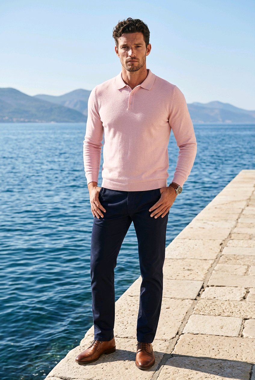 A man stands on a stone pier by the sea wearing a light pink long-sleeve polo sweater, navy blue trousers, and brown leather shoes, with blue water and mountains in the background.