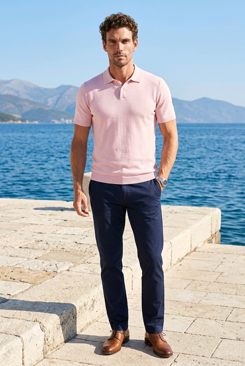 A man stands on a stone pier by the sea wearing a light pink short-sleeve polo shirt, navy blue trousers, and brown leather shoes, with mountains and blue water in the background.