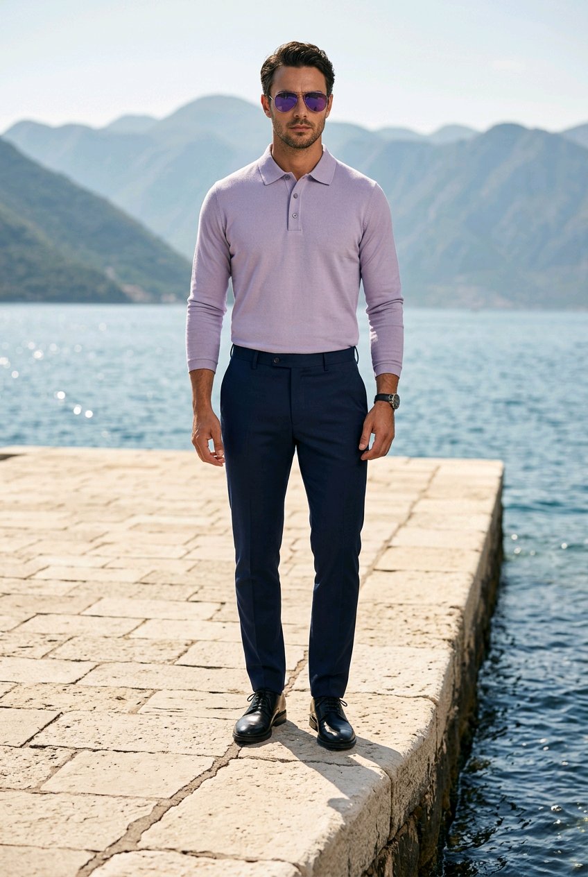 A man stands on a stone pier by the water wearing a light lavender long-sleeve polo shirt, navy trousers, and black dress shoes, with mountains in the background.
