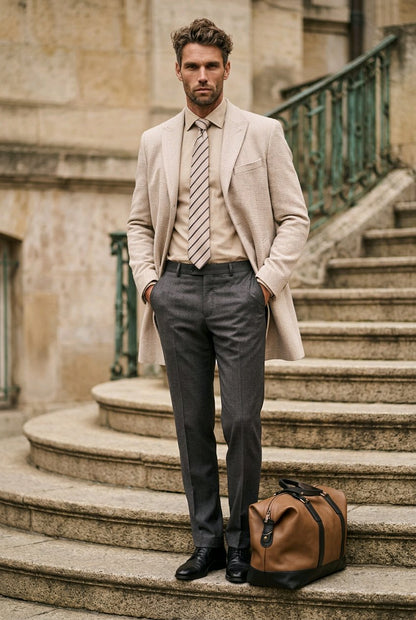 A man stands on stone stairs wearing a light beige overcoat, beige shirt, striped tie, and dark gray trousers, with a brown duffel bag beside him.