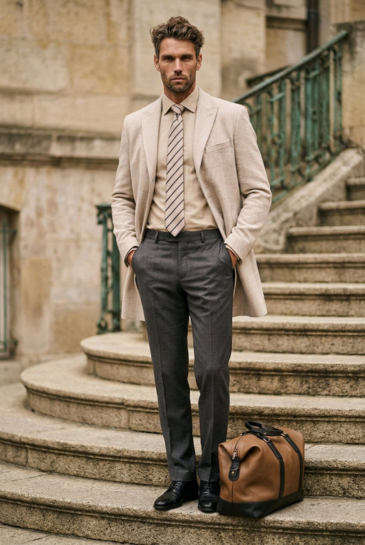 A man stands on stone stairs wearing a light beige overcoat, beige shirt, striped tie, and dark gray trousers, with a brown duffel bag beside him.