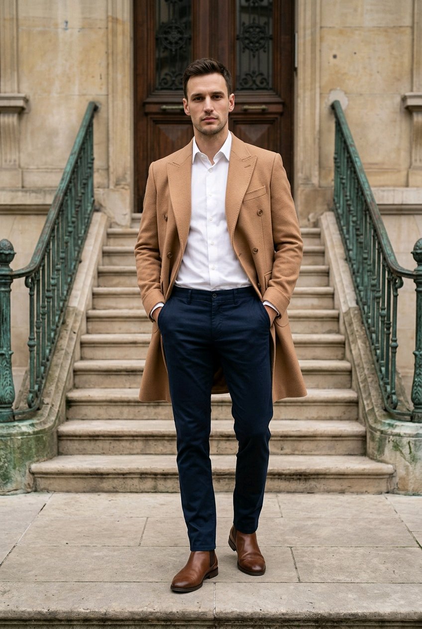 A man stands on stone steps in front of a building, wearing a camel double-breasted overcoat, white dress shirt, navy trousers, and brown leather shoes.