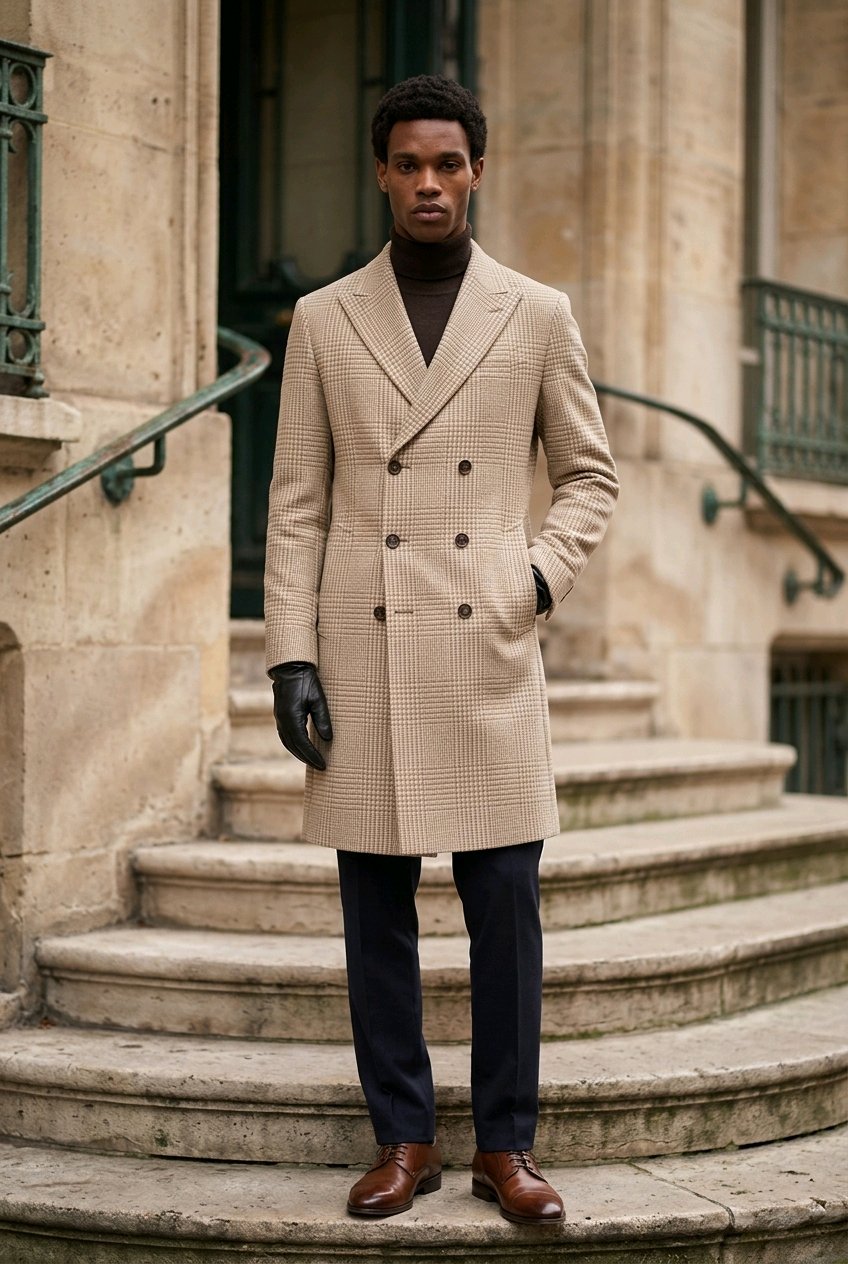 A man stands on stone steps wearing a beige double-breasted coat over a black turtleneck, dark trousers, black gloves, and brown leather shoes, in front of a stone building.