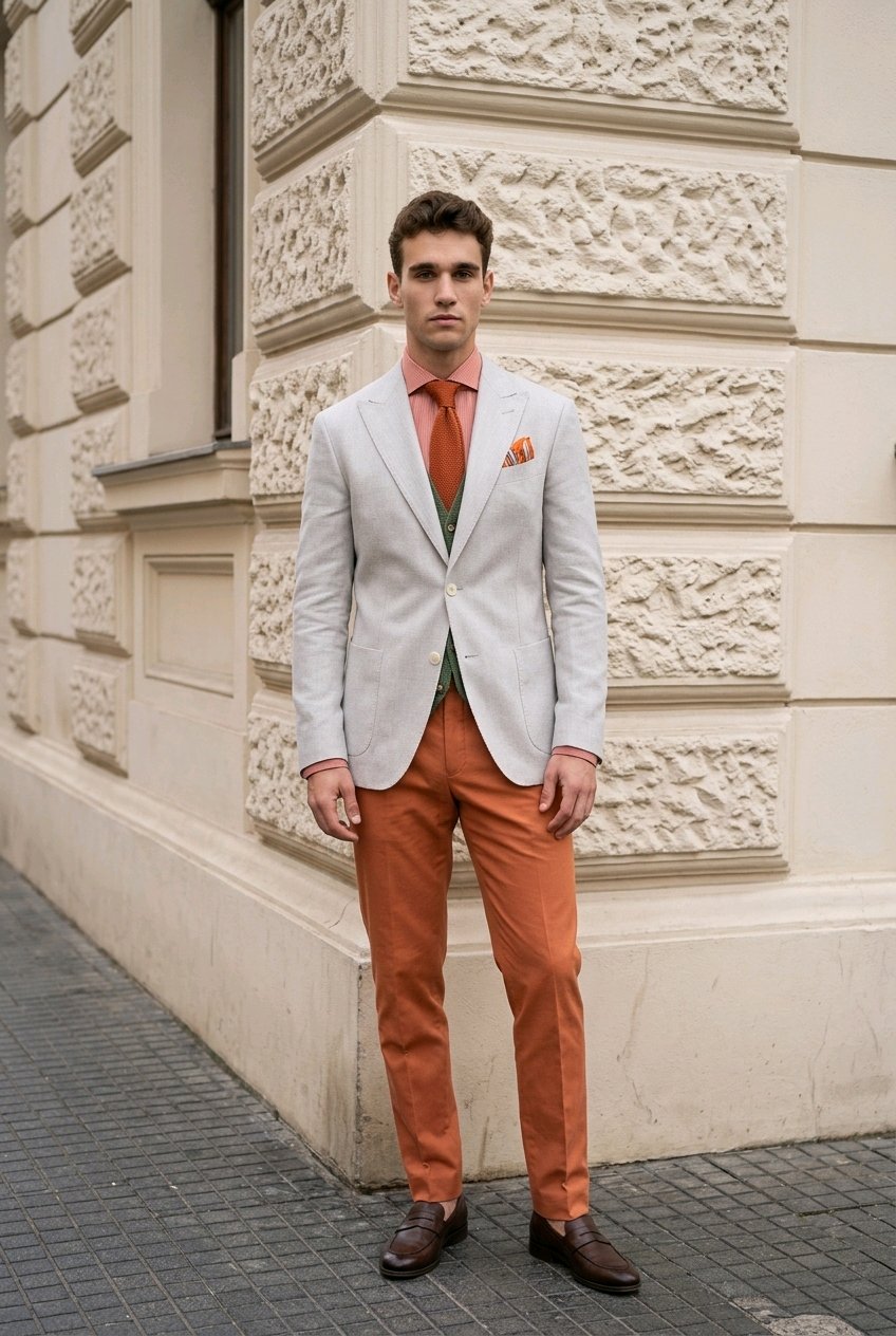 A man stands outdoors against a beige stone building corner, wearing a light gray blazer, rust-orange trousers, a rust-orange tie, and dark brown dress shoes.