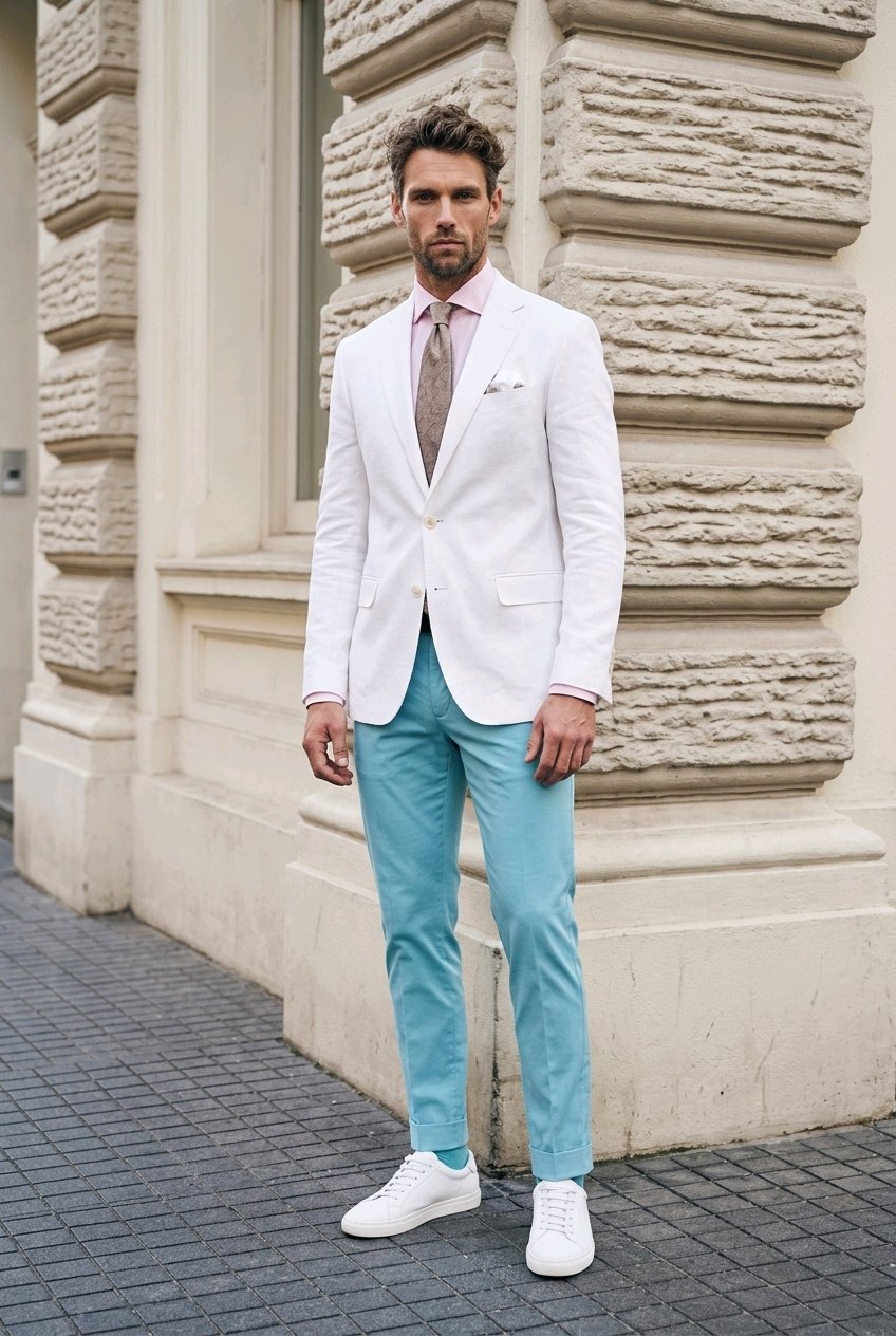 A man stands outdoors against a beige stone building corner, wearing a white blazer, light pink dress shirt, patterned tie, turquoise pants, and white sneakers.