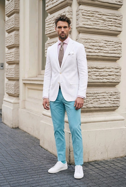 A man stands outdoors against a beige stone building corner, wearing a white blazer, light pink dress shirt, patterned tie, turquoise pants, and white sneakers.