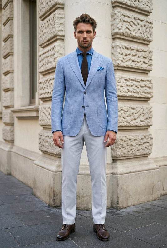 A man stands outdoors against a stone building corner wearing a light blue textured blazer, white trousers, a dark blue shirt, a dark tie, and brown dress shoes.