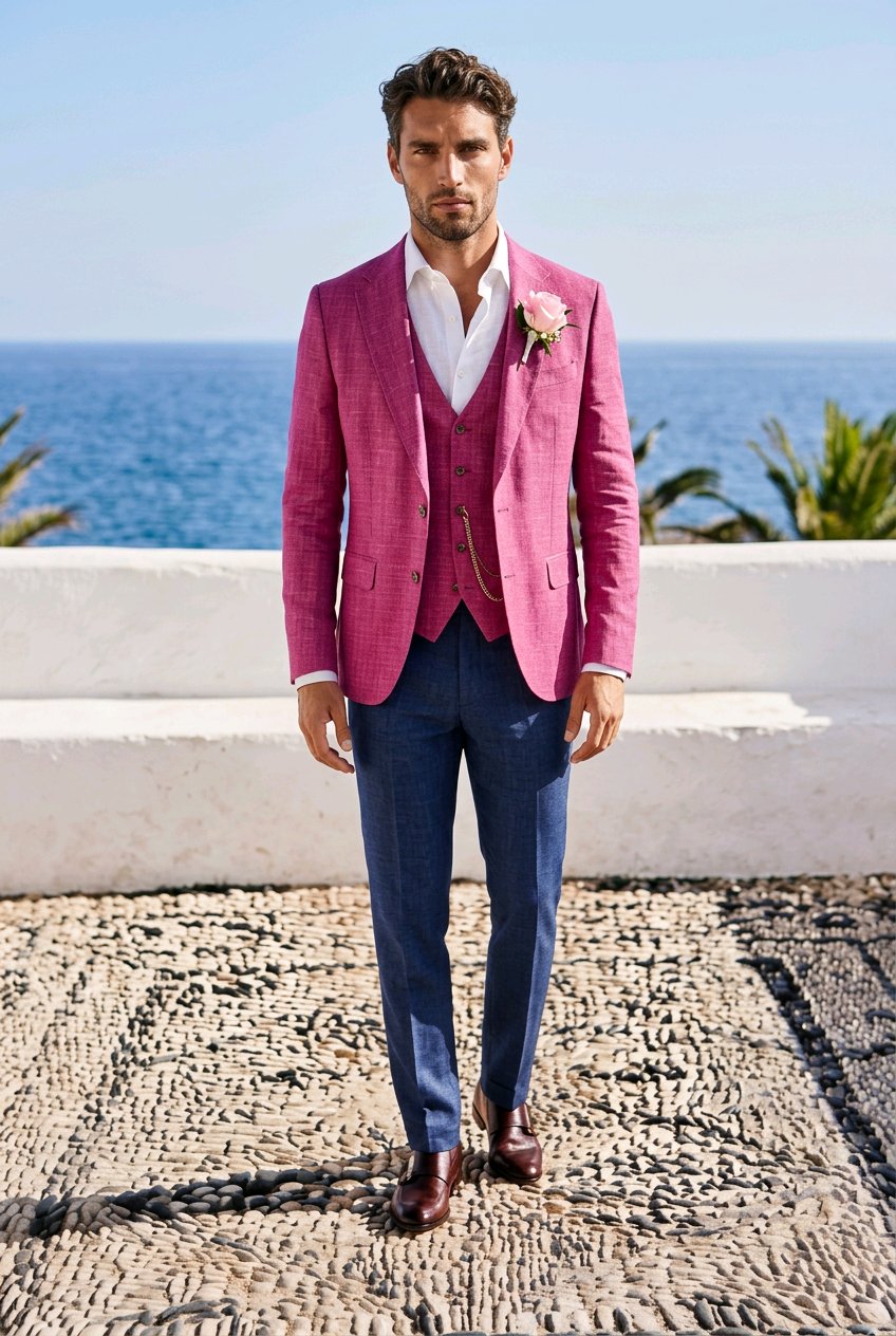 A man stands outdoors by the ocean wearing a bright pink textured blazer and matching vest over a white shirt, with navy trousers and brown shoes. A pink boutonniere is pinned to his jacket, and a white wall and pebble ground are visible behind him.