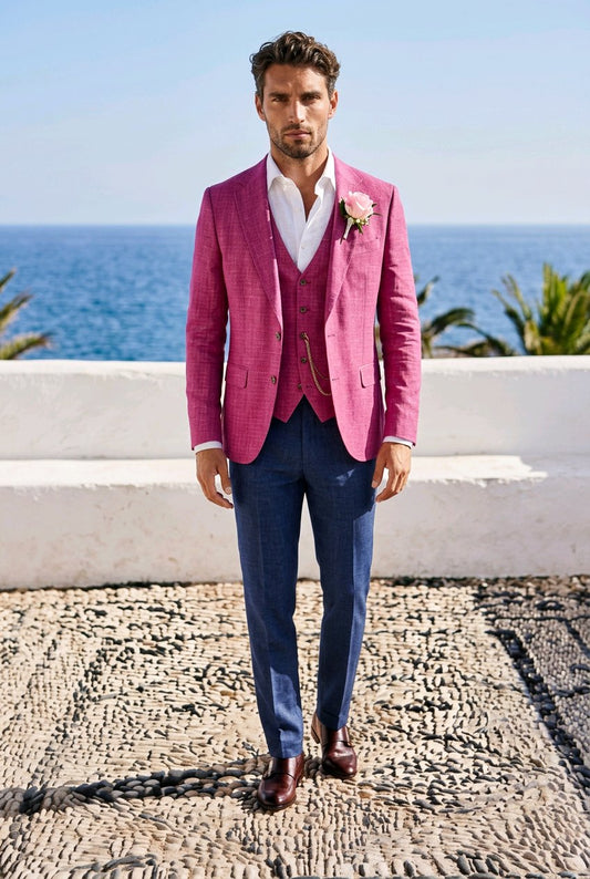 A man stands outdoors by the ocean wearing a bright pink textured blazer and matching vest over a white shirt, with navy trousers and brown shoes. A pink boutonniere is pinned to his jacket, and a white wall and pebble ground are visible behind him.