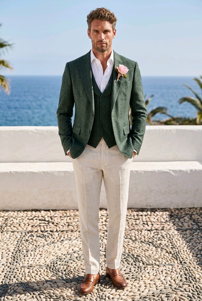 A man stands outdoors by the ocean wearing a dark green three-piece suit with a white shirt, cream trousers, brown shoes, and a pink boutonniere.