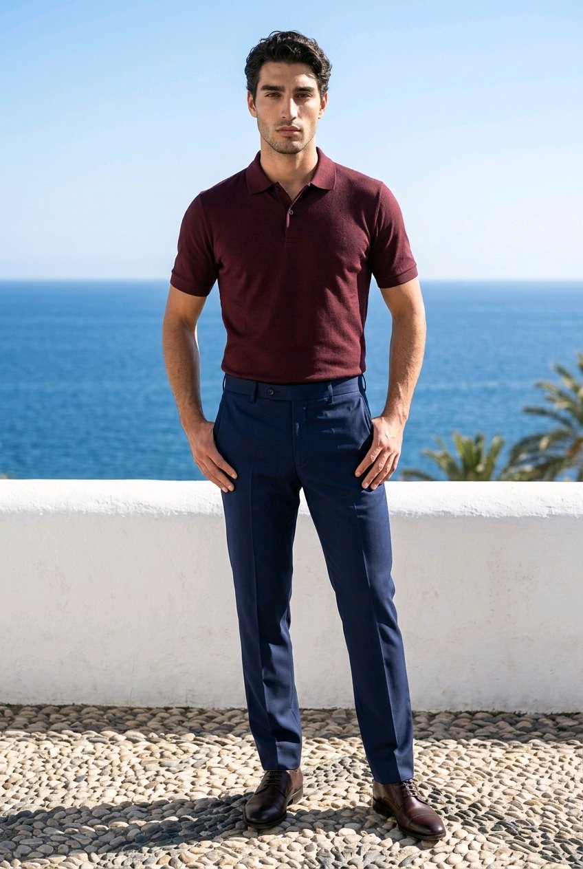 A man stands outdoors by the ocean wearing a short-sleeve polo shirt in deep burgundy and navy trousers, with brown shoes, against a white wall and blue sea background.