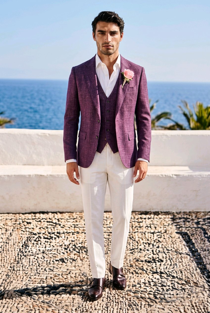 A man stands outdoors by the sea wearing a textured purple three-piece suit with a white shirt, white trousers, and dark brown dress shoes, with a pink boutonniere on his chest.