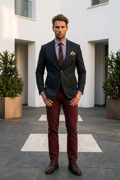 A man stands outdoors in a modern courtyard wearing a dark charcoal gray suit jacket, burgundy trousers, a patterned blue shirt, a striped red tie, and brown dress shoes.