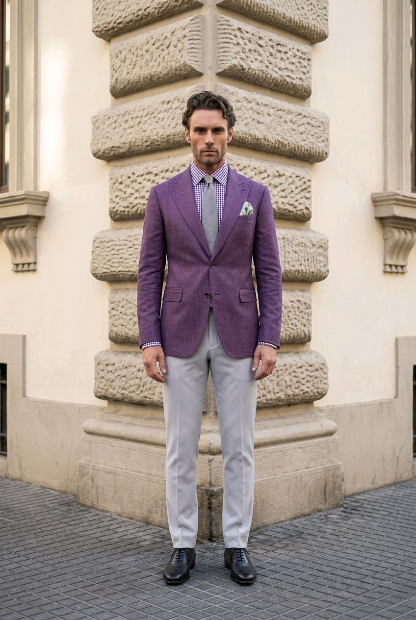 A man stands outdoors in front of a stone building corner wearing a purple blazer, light gray trousers, a light blue patterned shirt, a matching tie, and black dress shoes.