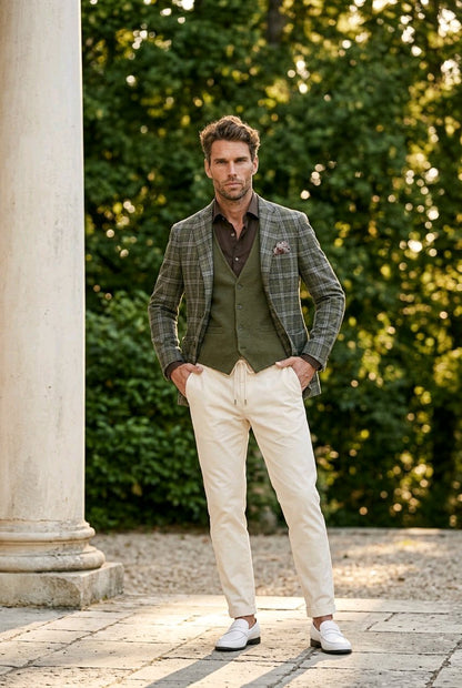 A man stands outdoors in front of a stone column and green foliage, wearing a tailored plaid blazer over a dark shirt and vest, cream trousers, and white shoes.