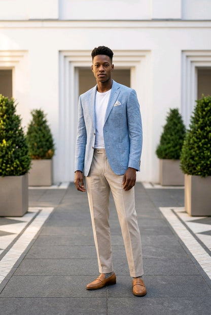 A man stands outdoors in front of a white building, wearing a light blue textured blazer over a white T-shirt, beige trousers, and tan loafers.
