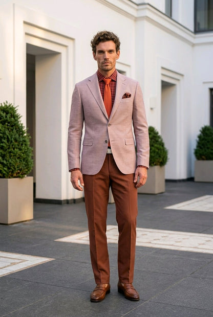 A man stands outdoors in front of a white building wearing a light pink blazer, rust-brown trousers, a red-orange patterned shirt, and brown shoes.