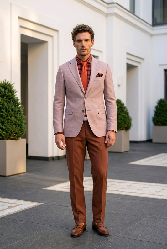A man stands outdoors in front of a white building wearing a light pink blazer, rust-brown trousers, a red-orange patterned shirt, and brown shoes.