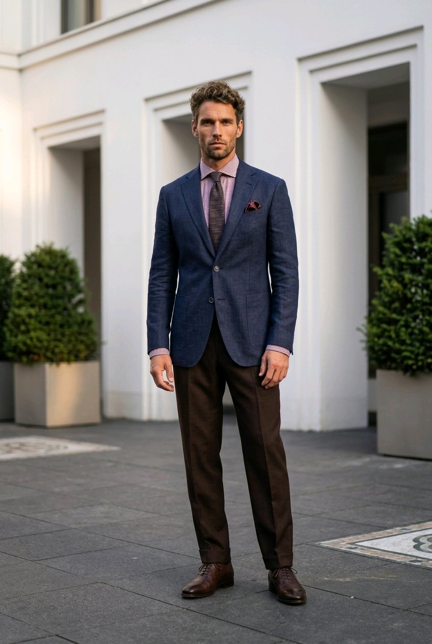 A man stands outdoors in front of a white building, wearing a navy blue textured blazer, brown trousers, a lavender dress shirt, a patterned purple tie, and brown leather shoes.