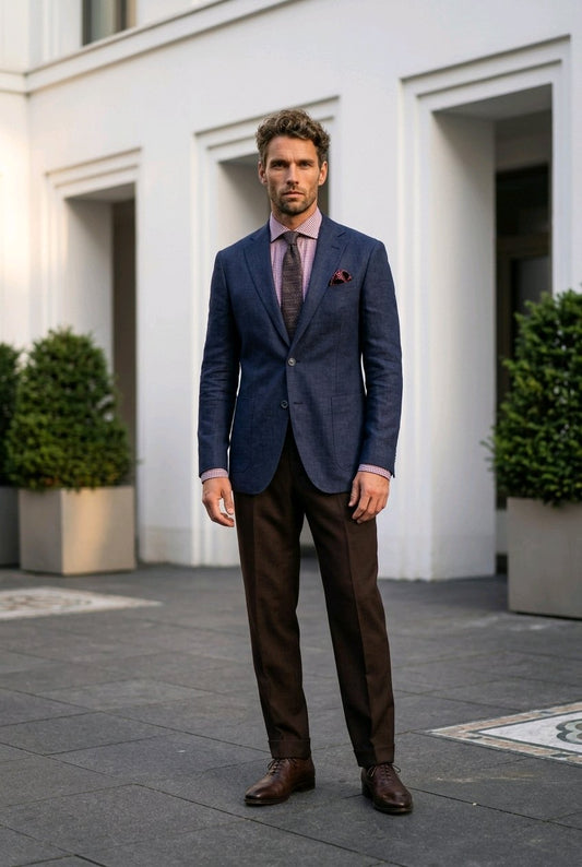 A man stands outdoors in front of a white building, wearing a navy blue textured blazer, brown trousers, a lavender dress shirt, a patterned purple tie, and brown leather shoes.