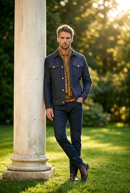 A man stands outdoors leaning against a large stone column in a sunlit park, wearing a dark blue denim jacket over a brown patterned shirt, dark jeans, and brown shoes.