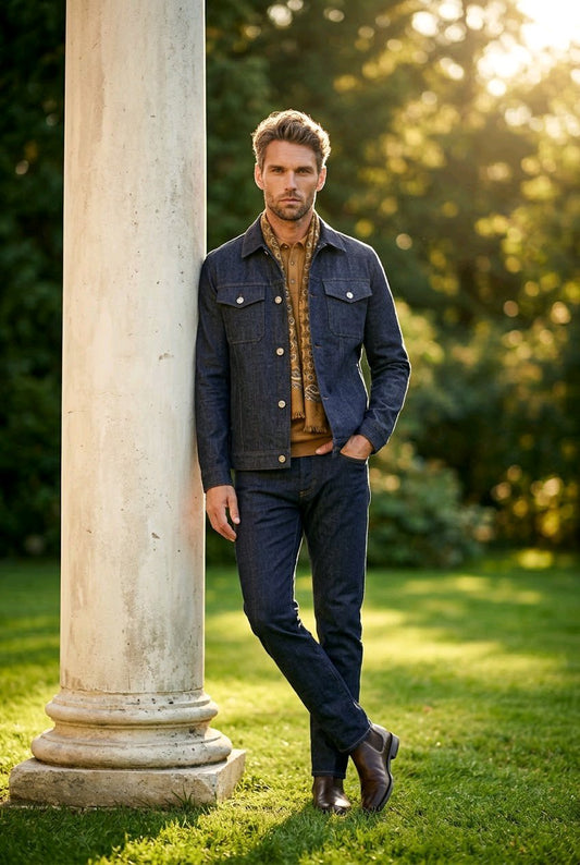 A man stands outdoors leaning against a large stone column in a sunlit park, wearing a dark blue denim jacket over a brown patterned shirt, dark jeans, and brown shoes.