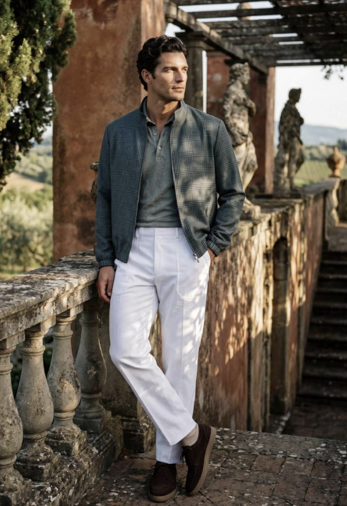 A man stands outdoors on stone steps wearing a dark textured blazer over a gray shirt, white trousers, and brown shoes, with a rustic stone wall and statues in the background.