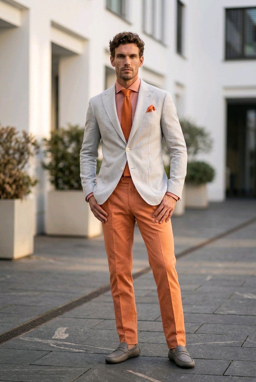 A man stands outdoors wearing a light beige blazer, orange shirt and trousers, and gray loafers, with a matching orange pocket square. The background shows a modern white building and paved walkway.