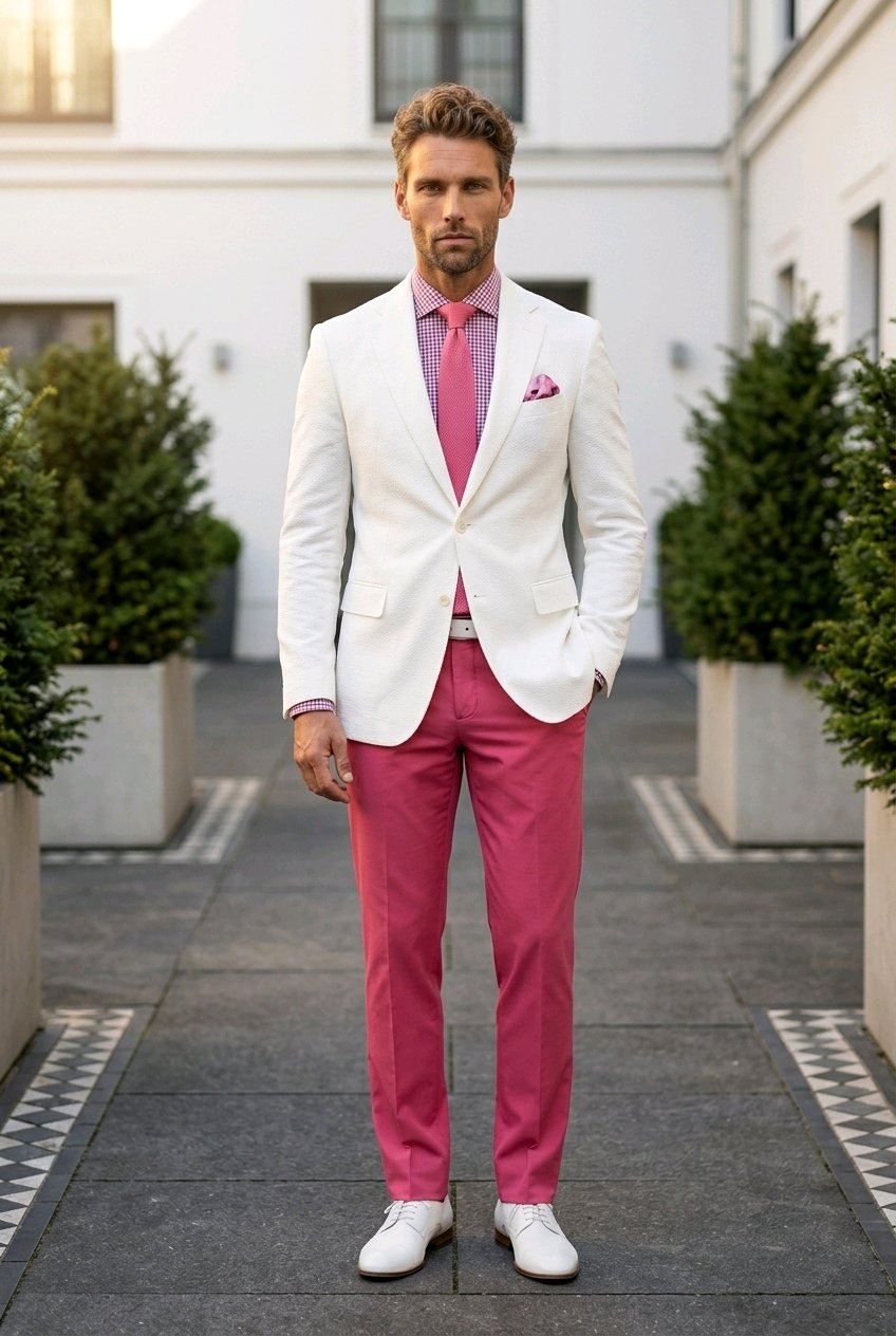 A man stands outdoors wearing a white blazer, bright pink trousers, a pink shirt, and a pink tie, with white shoes. The background shows a modern white building with green shrubs in planters.