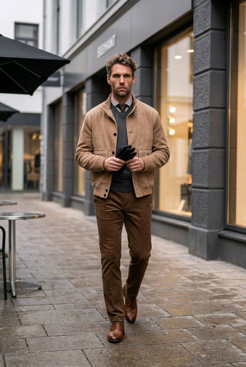 A man walking down a city street wearing a tan suede jacket, brown trousers, a dark gray sweater, and brown leather shoes.