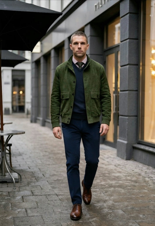 A man walking down a city street wearing an olive green suede jacket over a navy sweater and trousers, with brown leather shoes.
