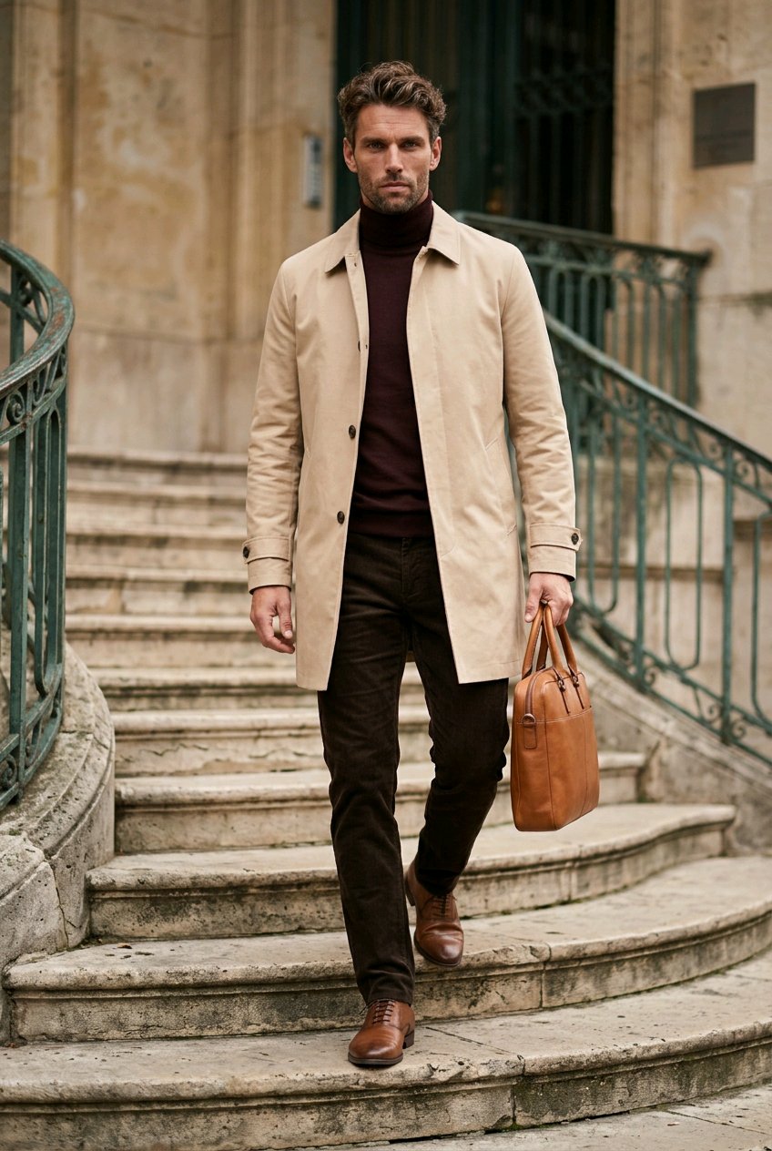A man walking down stone stairs wearing a beige trench coat over a dark brown turtleneck sweater, dark brown trousers, and brown leather shoes, while carrying a brown leather briefcase bag.