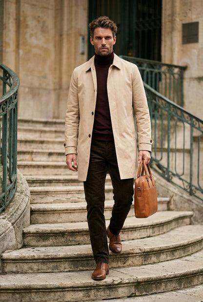 A man walking down stone stairs wearing a beige trench coat over a dark brown turtleneck sweater, dark brown trousers, and brown leather shoes, while carrying a brown leather briefcase bag.