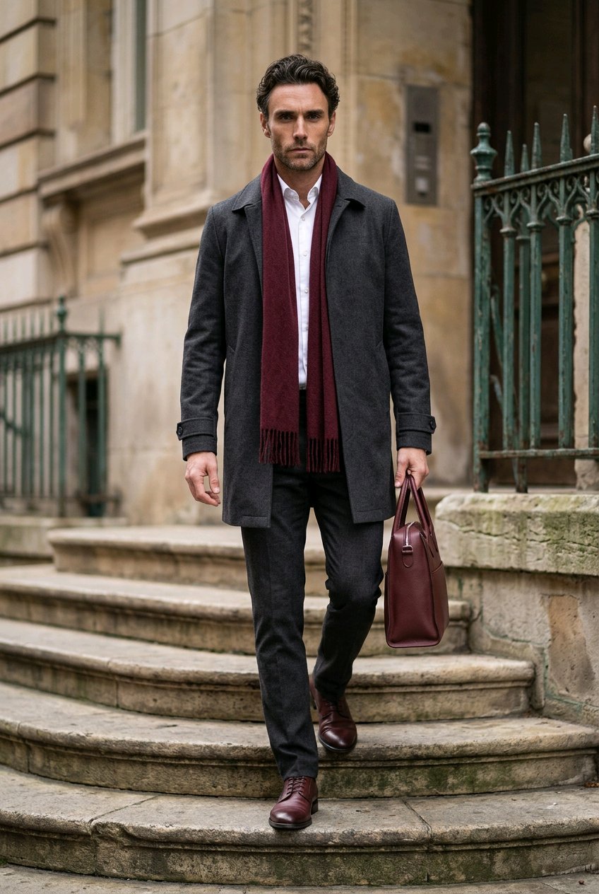 A man walking down stone steps wearing a dark charcoal overcoat, a deep burgundy scarf, a white collared shirt, dark trousers, and brown leather shoes, while carrying a matching burgundy leather briefcase.