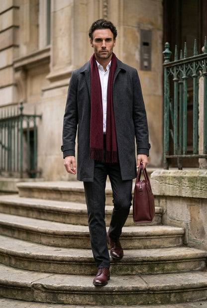 A man walking down stone steps wearing a dark charcoal overcoat, a deep burgundy scarf, a white collared shirt, dark trousers, and brown leather shoes, while carrying a matching burgundy leather briefcase.