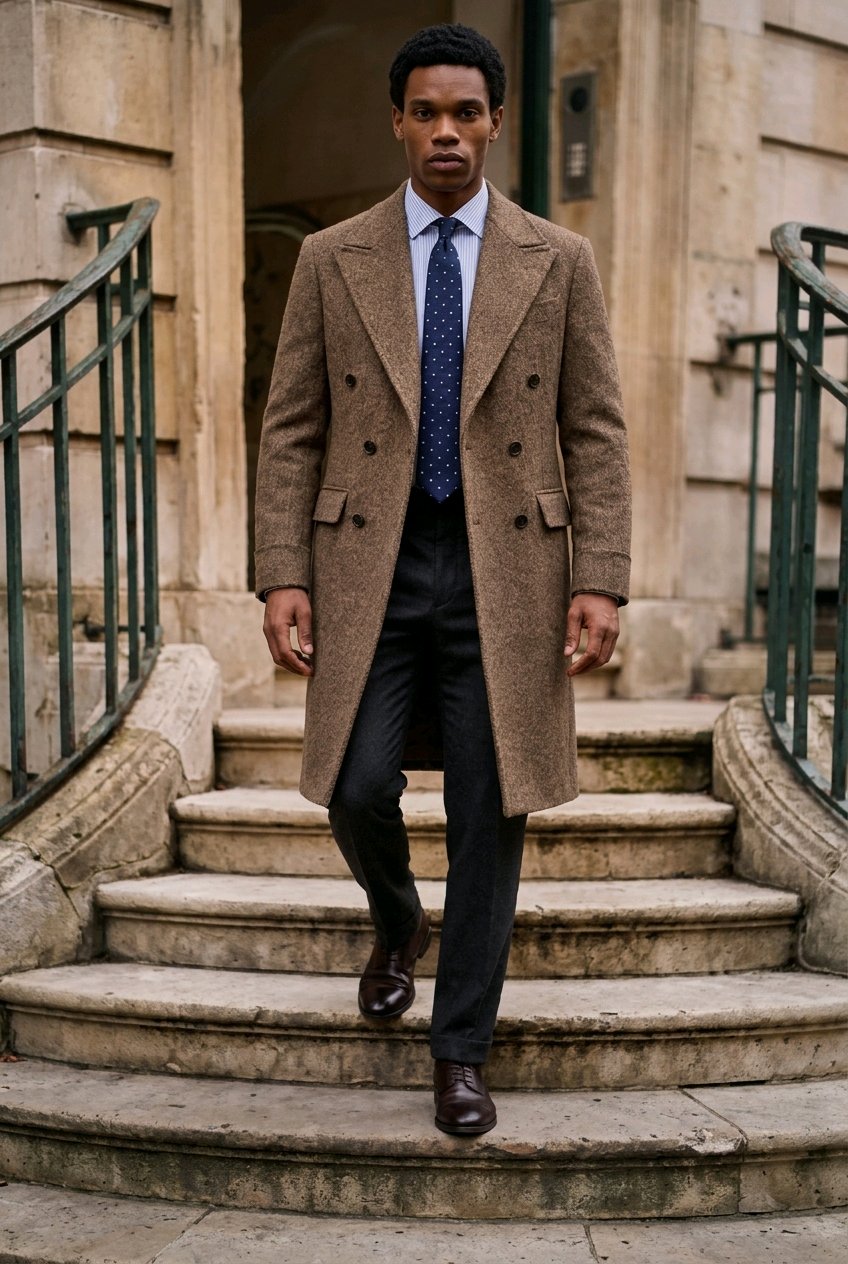 A man walking down stone steps wearing a mid-length brown double-breasted overcoat, dark trousers, a light blue shirt, and a navy patterned tie.