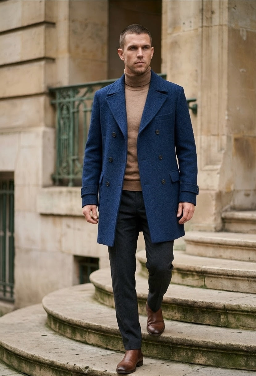 A man walking down stone steps wearing a navy blue double-breasted coat over a tan turtleneck sweater, dark trousers, and brown leather shoes.