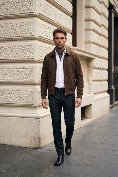 A man walking on a city sidewalk next to a cream-colored stone building, wearing a brown suede jacket, white shirt, patterned tie, dark trousers, and black leather shoes.